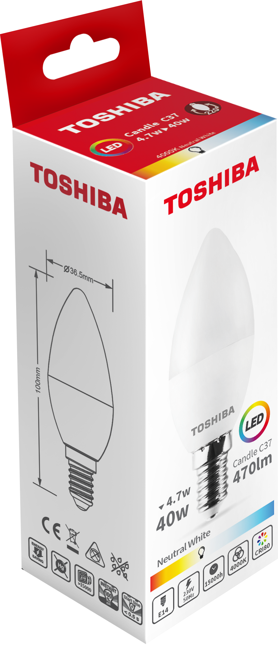 TOSHIBA LED C37 E14 4,7W 4000k